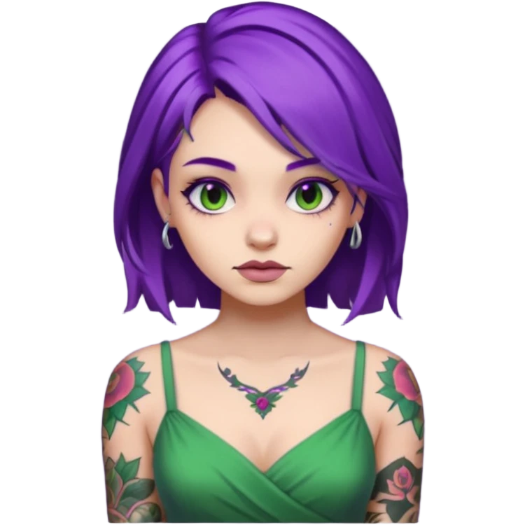 women with tatoos and hightlight that tatoos with purple hair and green dress emoji