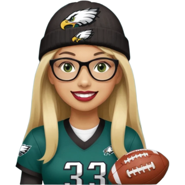 full length women wearing eagles uniform, long straight blonde hair, bangs, green eyes, black rectangle glasses, holding football, number 33, smiling, lipstick, eagles beanie emoji