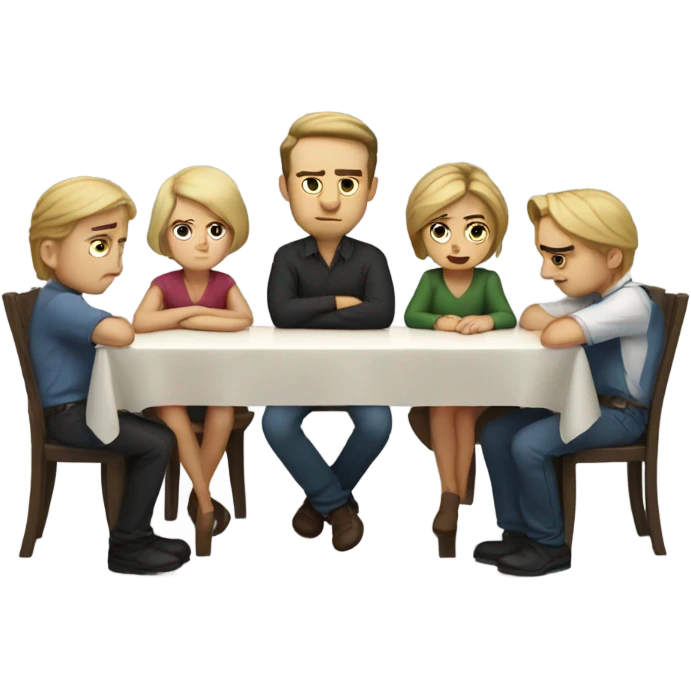 6 Caucasian people sitting around a table looking unhappy emoji