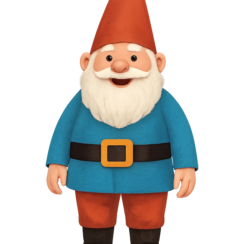 A large gnome in a colorful outfit, standing tall with a cheerful expression emoji