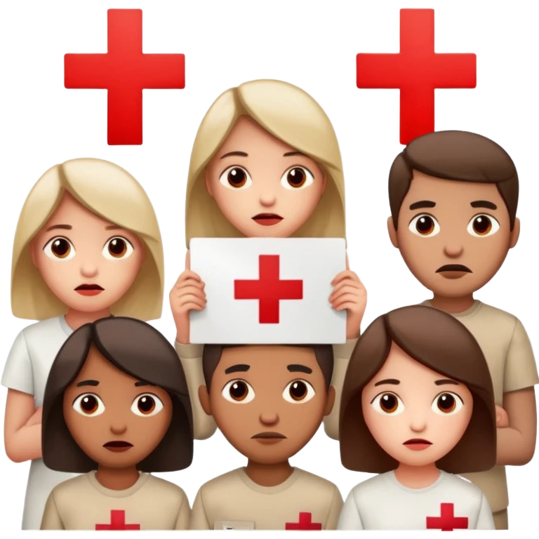 a crowd of people with unhappy faces, holding posters with a red cross painted on them emoji