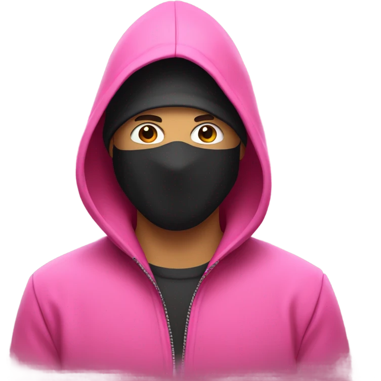 Man in pink jacket hood up, wearing black mask with white circle in the middle emoji