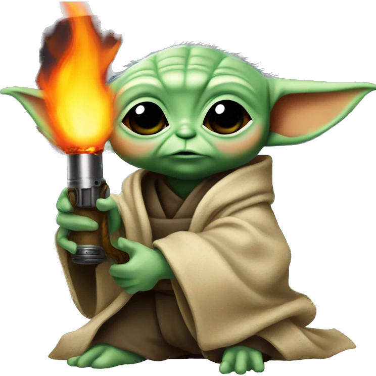 BabyYoda holds a flamethrower c big flame emoji