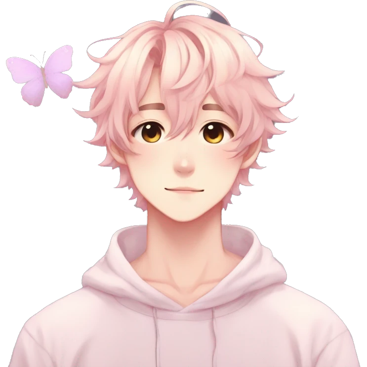 Gorgeous pastel anime style shojo man with blushing face and butterflies aesthetic and pretty hair trending style emoji
