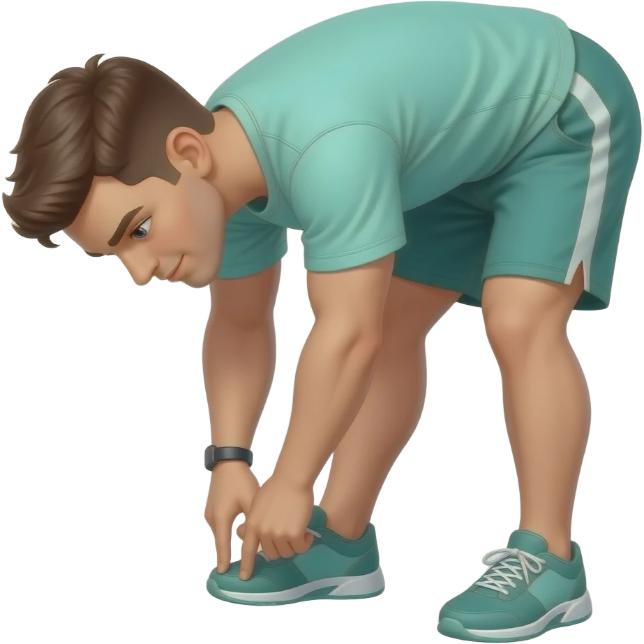 guy standing up in light green workout shirt and shorts facing me bending down stretching down by touching both feet / toes feet together not split apart emoji