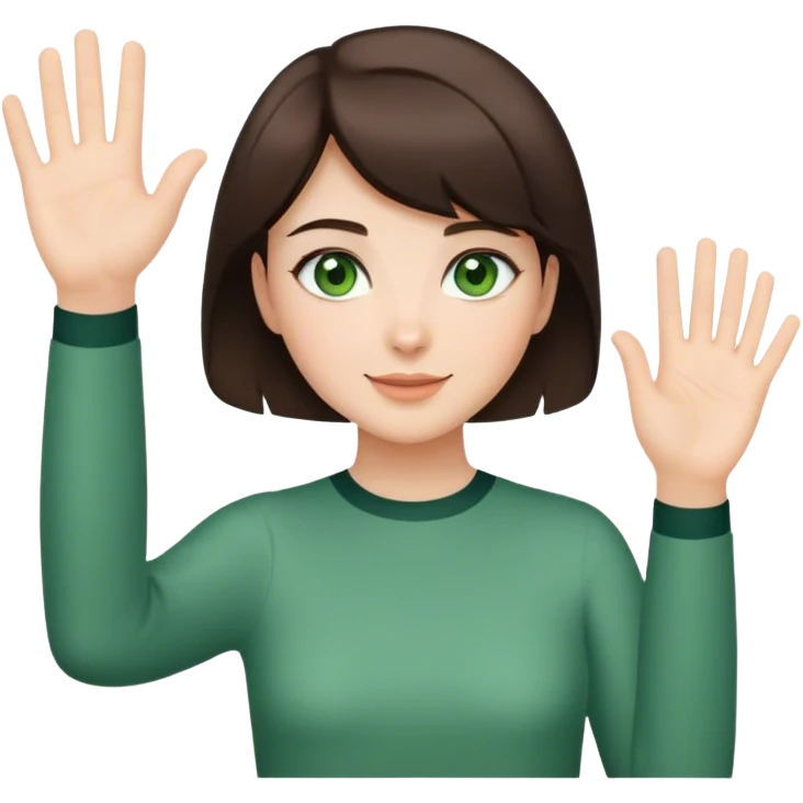 brunette girl with short hair and green eyes waving greeting emoji