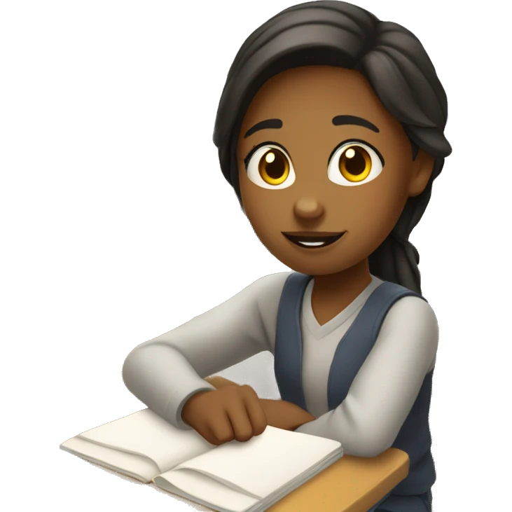 girl is sitting at school desk, one hand is raised emoji
