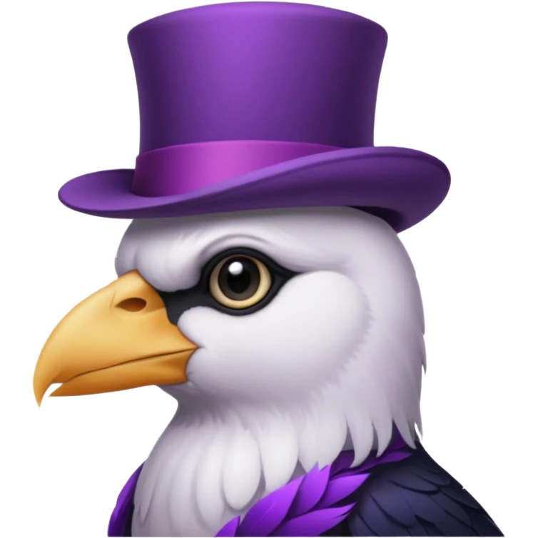 a white crow emoji with a frown and a purple top hat emoji