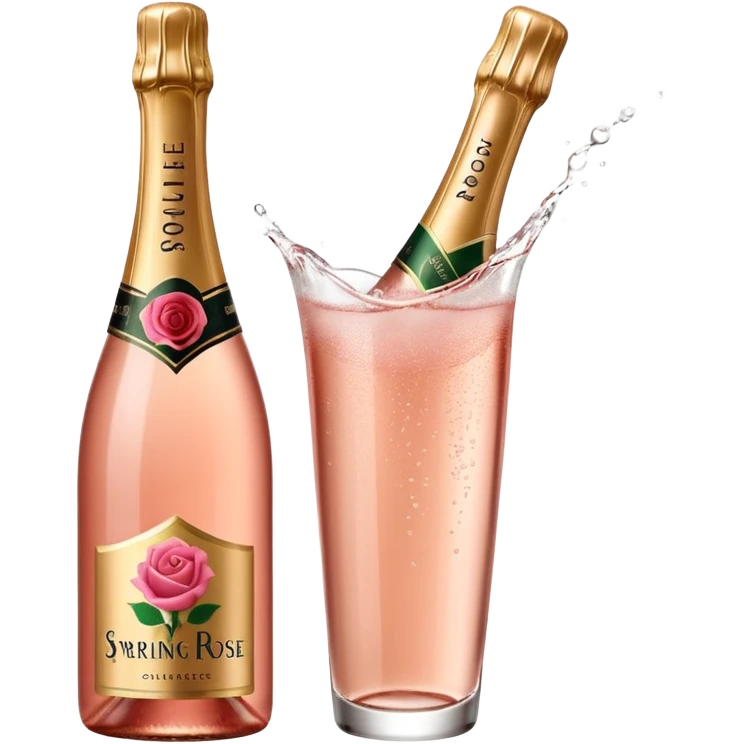 bottle of sparkling rosé champagne with a rose logo on the label, tilted up and to the right, no glass emoji