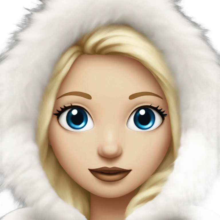 Beautiful Girl with lashes and blue eyes, blonde hair, in a extremely big fluffy oversized white fur coat with hood on. The fur is real and it’s very obvious big and fluffy  emoji