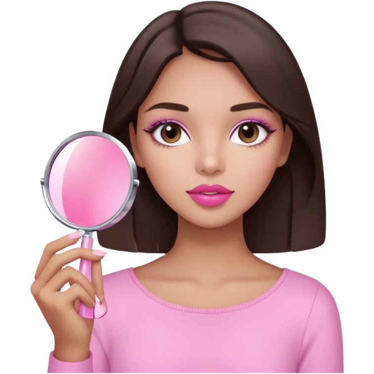 A dark brown hair beautiful eyes medium skin tone of girl carrying a pink mirror to her self and have lip stick on one of her hand look like pink pastel the packaging similar to Rhode lip  emoji