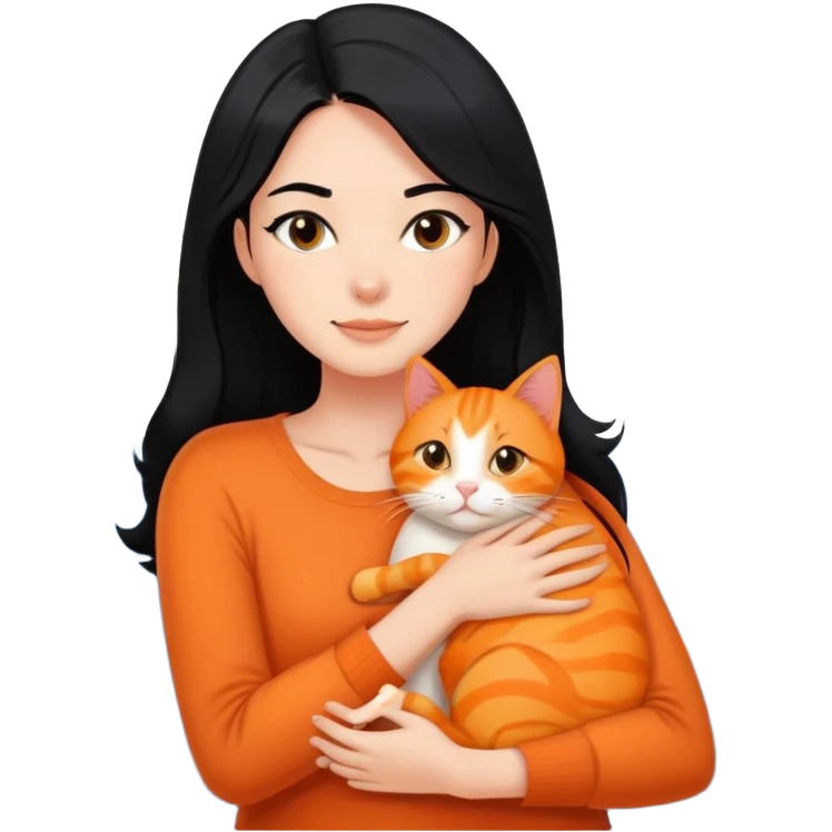 Shoulder length black hair woman hugging orange cat with living room background emoji