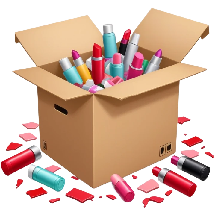 cardboard box bursting open with lipsticks, shampoo, and nail polish scattered everywhere, symbolizing disorganization emoji