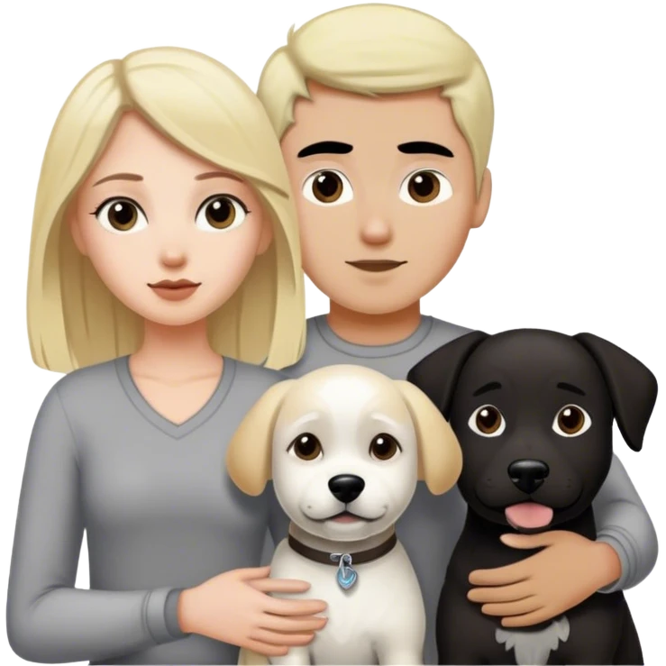 Blond white girl with dark black guy black hair and 1 dog medium size white and gray and 1 dog large dark brown and white emoji