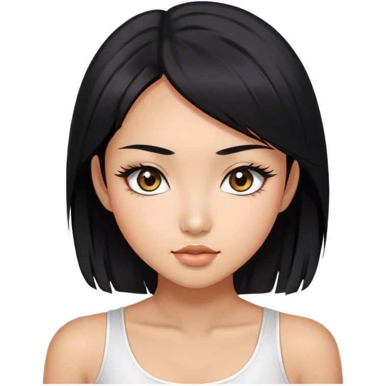 a black hair, tan skin, asian girl, vvery attractive eyes with long lashes，The full head should show.half-length phoor portrait，She's wearing a white to p emoji