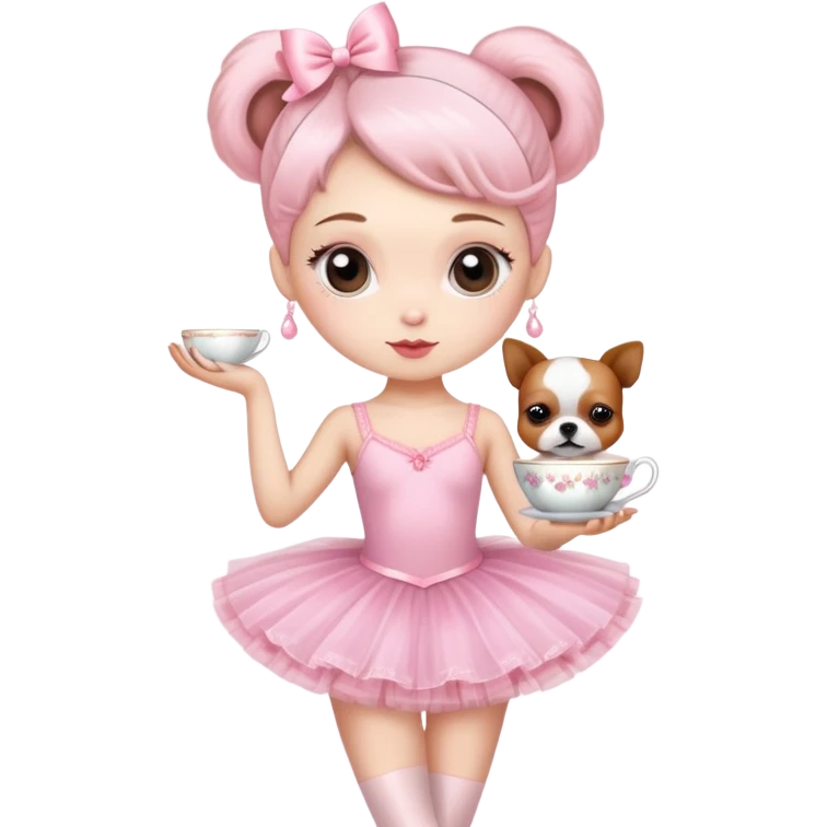 Una bailarina con ropa rosada y con tutu y con cabeza de raza de té emoji