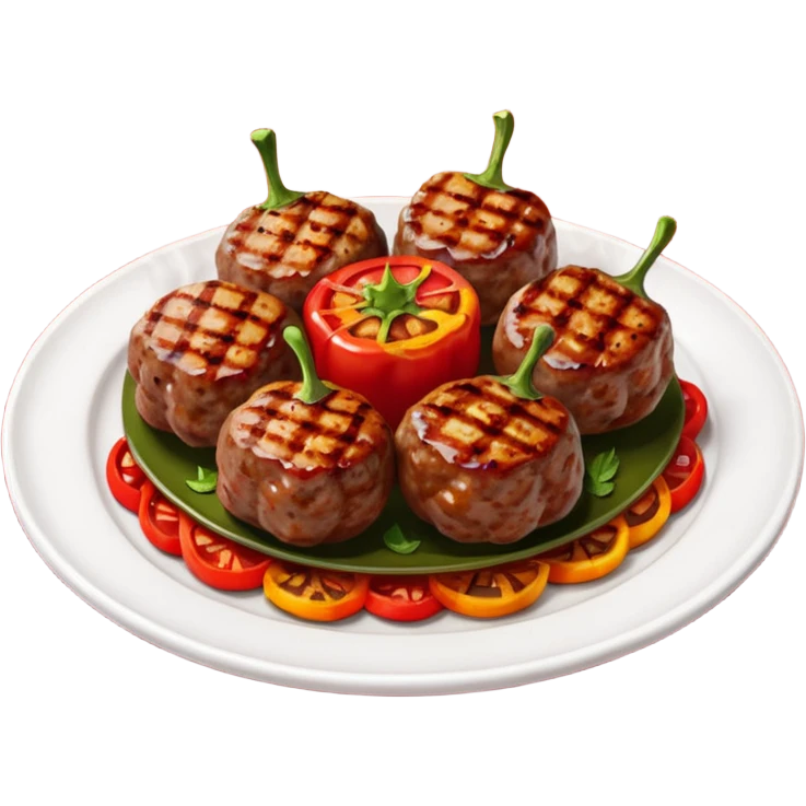 Akçaabat meatballs object icon, grilled Turkish kofte pieces on a plate, smoky char marks, juicy texture, served with grilled peppers and tomatoes, 3D cartoon, mobile game icon style, centered, clean background, no text, no watermark
 emoji