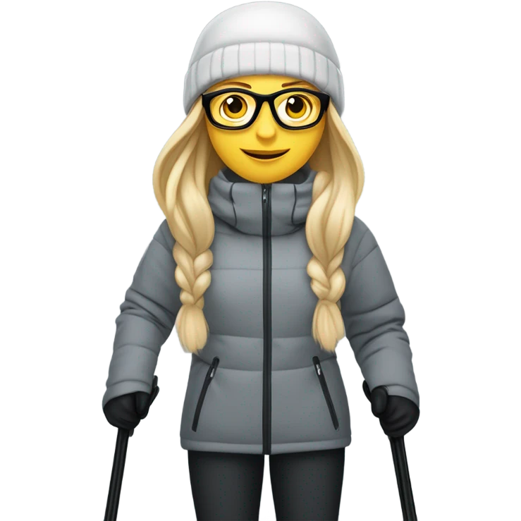 slightly chubby full female skier with long straight blonde hair, glasses, grey snow jacket, black pants and black skis. no poles. show full body from the top of the head to the boots front on without braids in hair. emoji