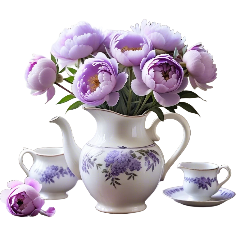 A vintage porcelain pitcher, adorned with fading lavender motifs, overflows with pastel purple peonies in various stages of bloom. Some petals, light as morning mist, curl gently at the edges, while others remain tightly wrapped, hinting at the promise of unfolding beauty. A few fallen blossoms rest beside the pitcher on an aged wooden table, their presence a fleeting echo of nature’s transient charm. Soft, diffused light filters through a lace-curtained window, lending the scene a nostalgic, dreamlike atmosphere." emoji