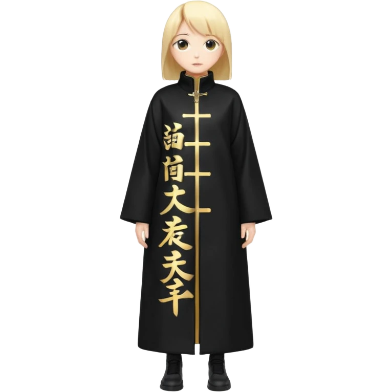 A long black anime style coat with a straight silhouette, reaching below the knees. On the center of the back, bold vertical golden Japanese kanji characters are printed glowing slightly against the dark background. The coat has a high collar and long sleeves. emoji