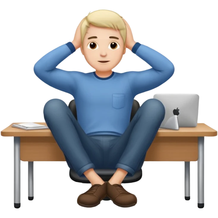 man sitting relaxed at desk, legs on desk, hands behind head emoji