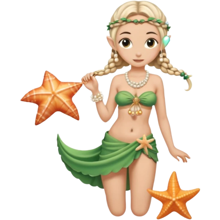 female elf in seashell bikini top, sarong skirt, braided hair with pearls. Holding starfish emoji