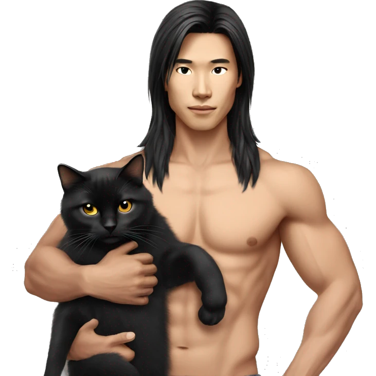 Model Long hair Asian man with abs holding black cat emoji