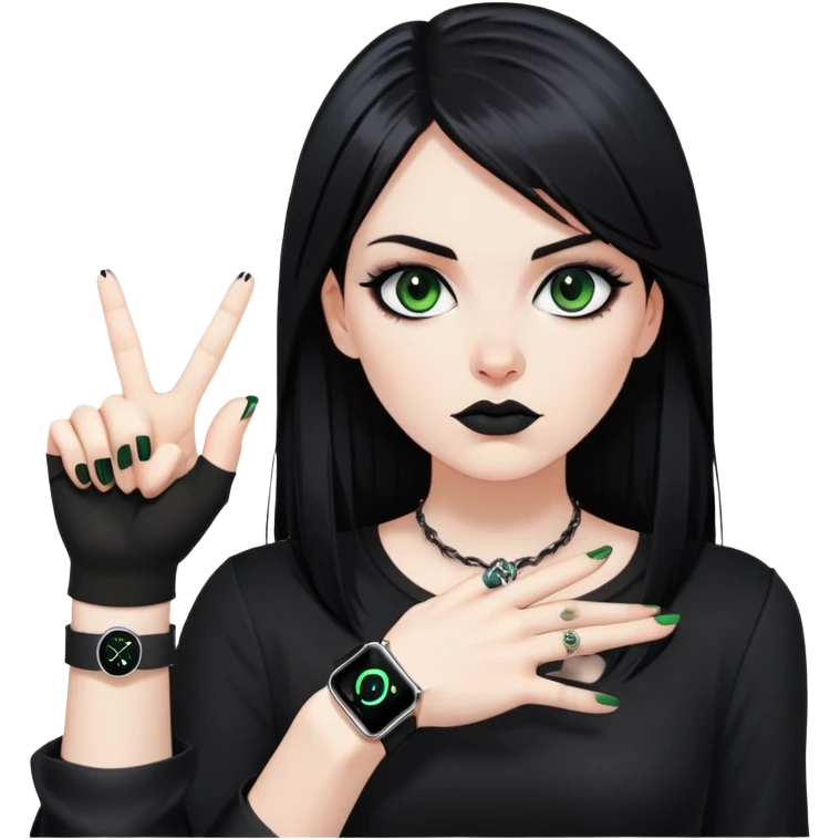 white girl, dark hair, goth style, straight hair, green eyes, without lipstick, shows rock gesture,  apple watch on hand emoji