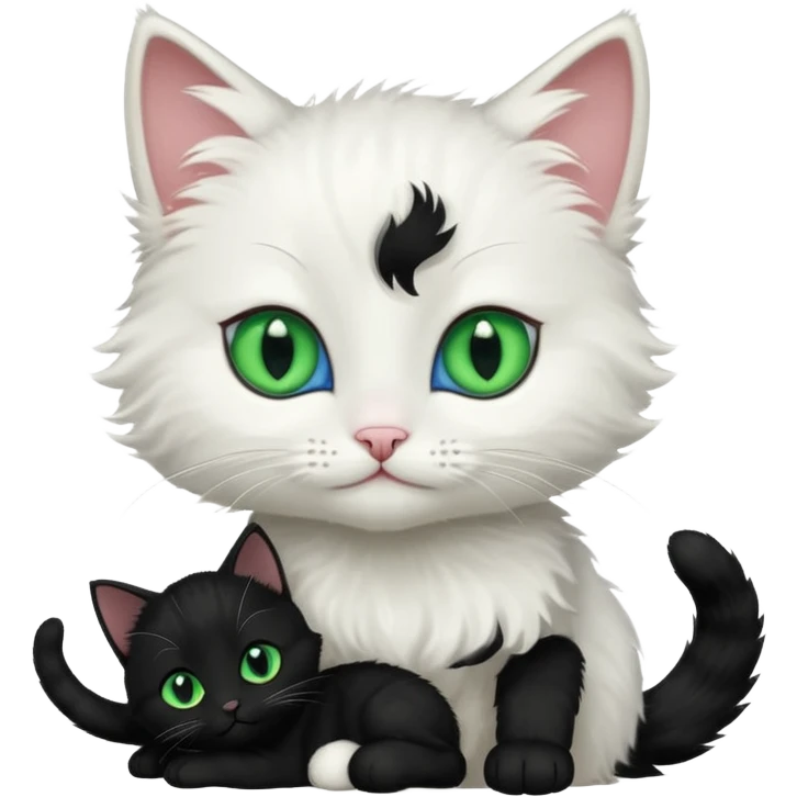 Black cat with green eyes cuddling next to small white kitten with blue eyes  emoji