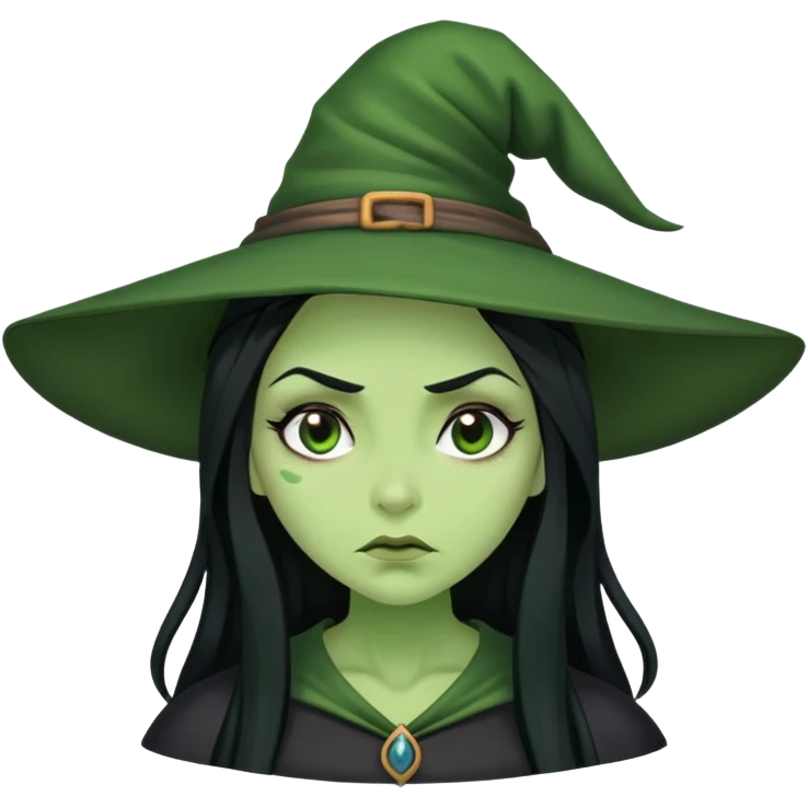 Green-skinned witch with long black hair, embarrassed expression, blushing emoji