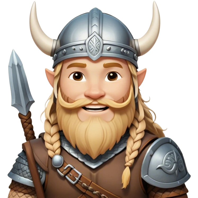 Clash of Clans aesthetic: Cinematic Cheerful Viking Portrait Emoji, With a bright, confident smile and a relaxed, adventurous stance, showcasing a stylized, spirited build with a classic Viking helmet and braided hair, his natural skin tone lending authenticity, Simplified yet expressive features, highly detailed, glowing with a soft, golden Nordic radiance, high shine, upbeat and courageous, stylized with an air of classic Viking heroism, soft glowing outline, capturing the essence of a cheerful Viking ready to embark on legendary quests! emoji