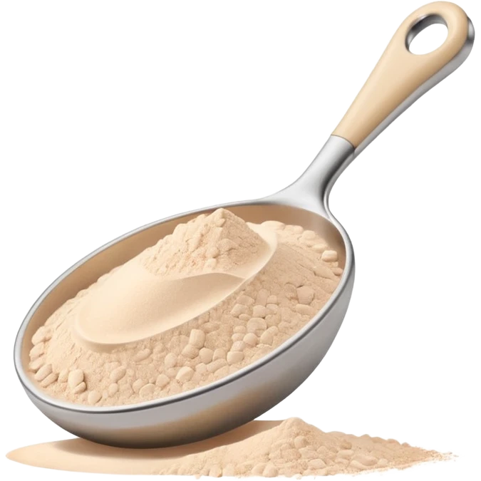 Beige measuring spoon filled with powdered supplement, pastel backdrop emoji