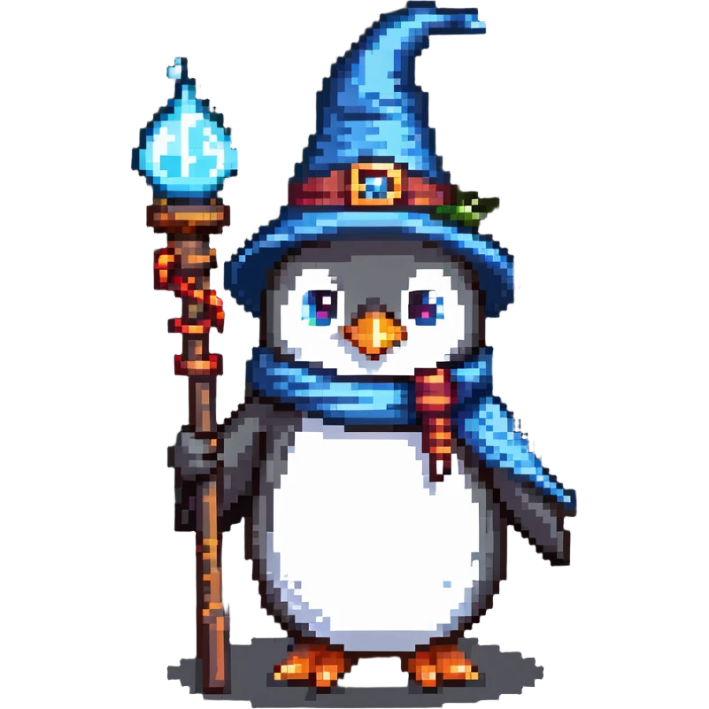 penguin wizard with staff and hat emoji