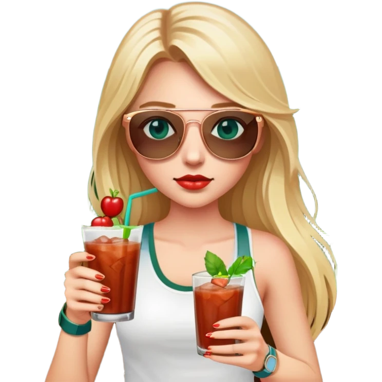 girl with long blond hair
with blue eyes
and aviator sunglasses
wearing white tank top 
holding bloody mary
wearing (rose gold apple watch with forest green band) emoji
