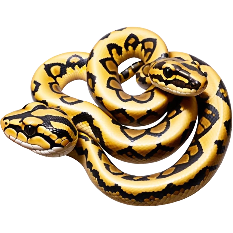 A photo-realistic top-down view of a Ball Python gently coiled into a tight spiral, with its head resting peacefully at the center. Its scales are warm brown with bold, irregular black markings, including the distinctive “alien-head” pattern, flowing smoothly along its body.  emoji