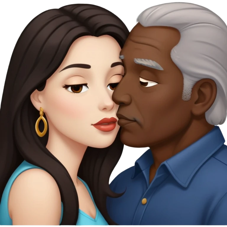 Beautiful woman with long dark hair, kissing a older Hispanic man emoji
