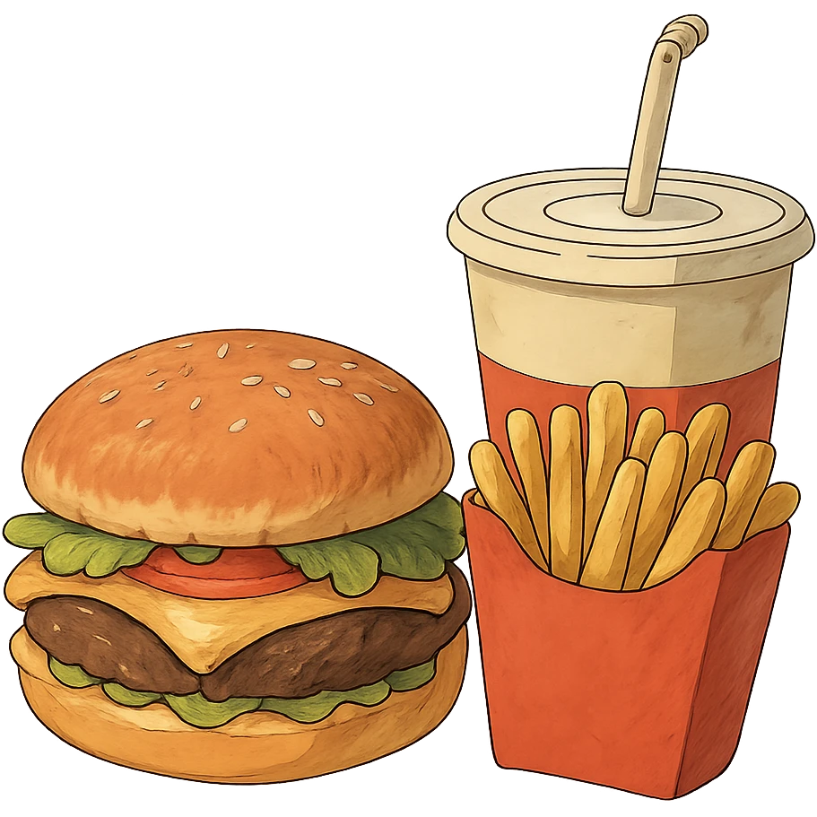 ghibli style burger meal set with fries and drink emoji