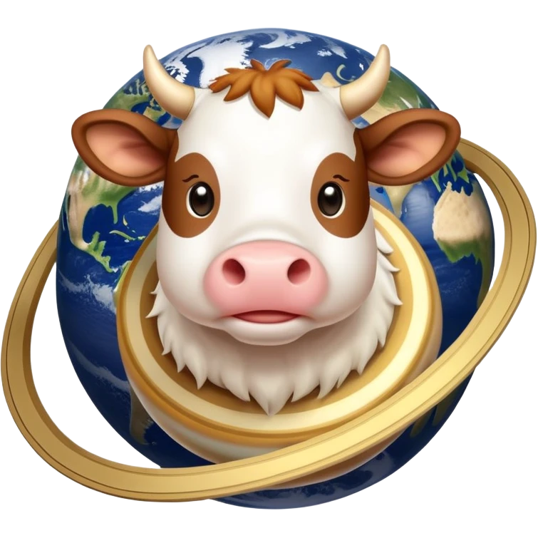 A cute cow with its head and front legs attached to the planet Saturn as its body, with Saturn's distinctive rings circling around the middle emoji