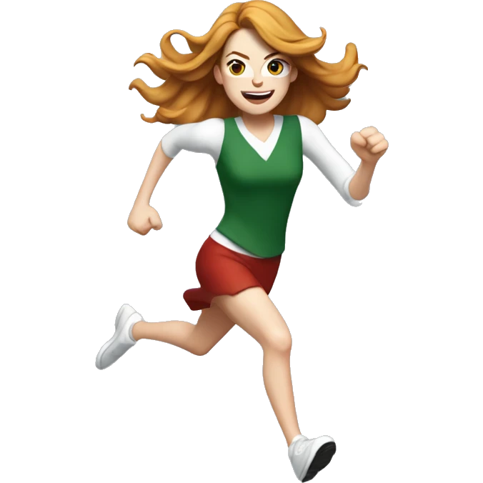 Emma Stone running, with a large stride and arms outstretched, with long golden brown hair, wearing an Christmas outfit emoji