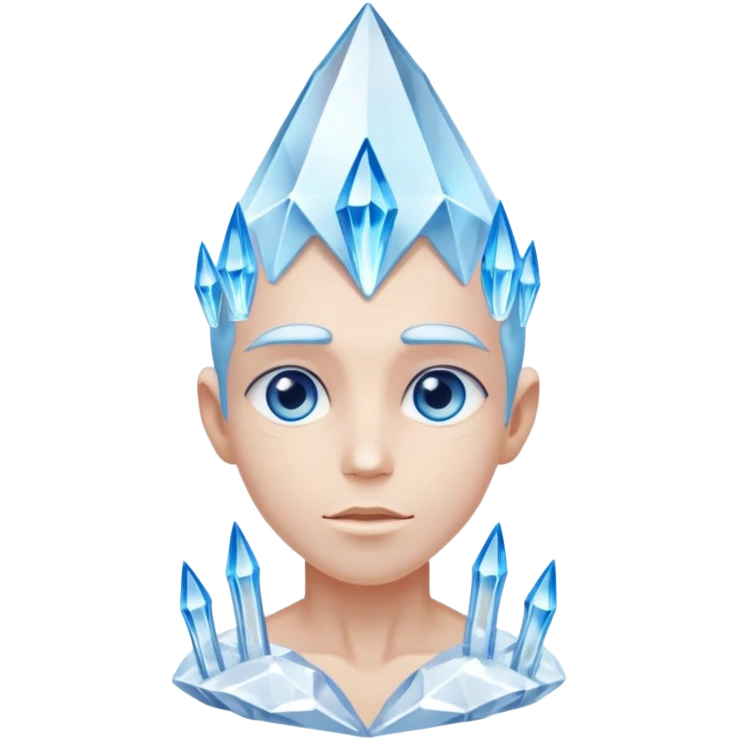 A single crystal character inspired by a clear quartz cluster, amorph base with many tall transparent crystal spikes growing upward all around it with a face emoji