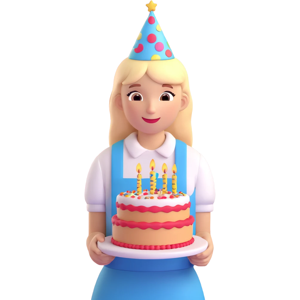 a girl wearing a birthday cap with a cake in front emoji