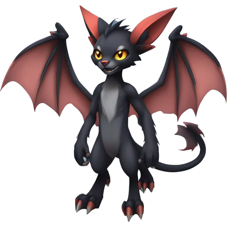 Black cool vampiric Noivern-Litten-Lykoi-Caracal-Fakemon with big bat ears full-body emoji