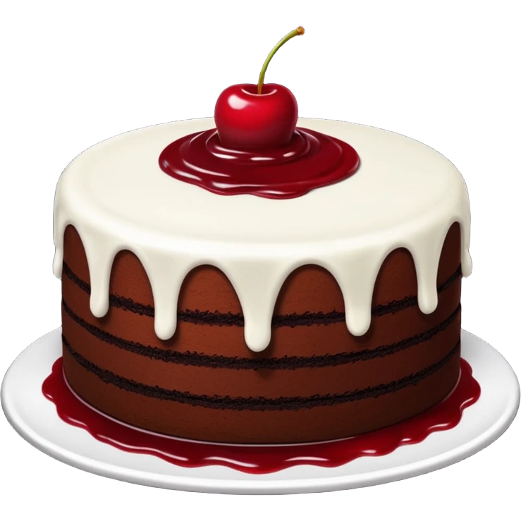 Hershey’s chocolate cake with white buttercream frosting topped with cherry sauce emoji