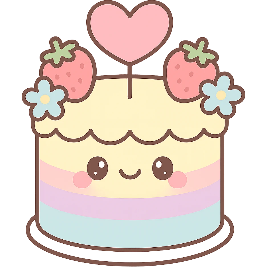 pastel rainbow wedding cake with strawberries, pastel blue flowers, heart topper, kawaii style emoji