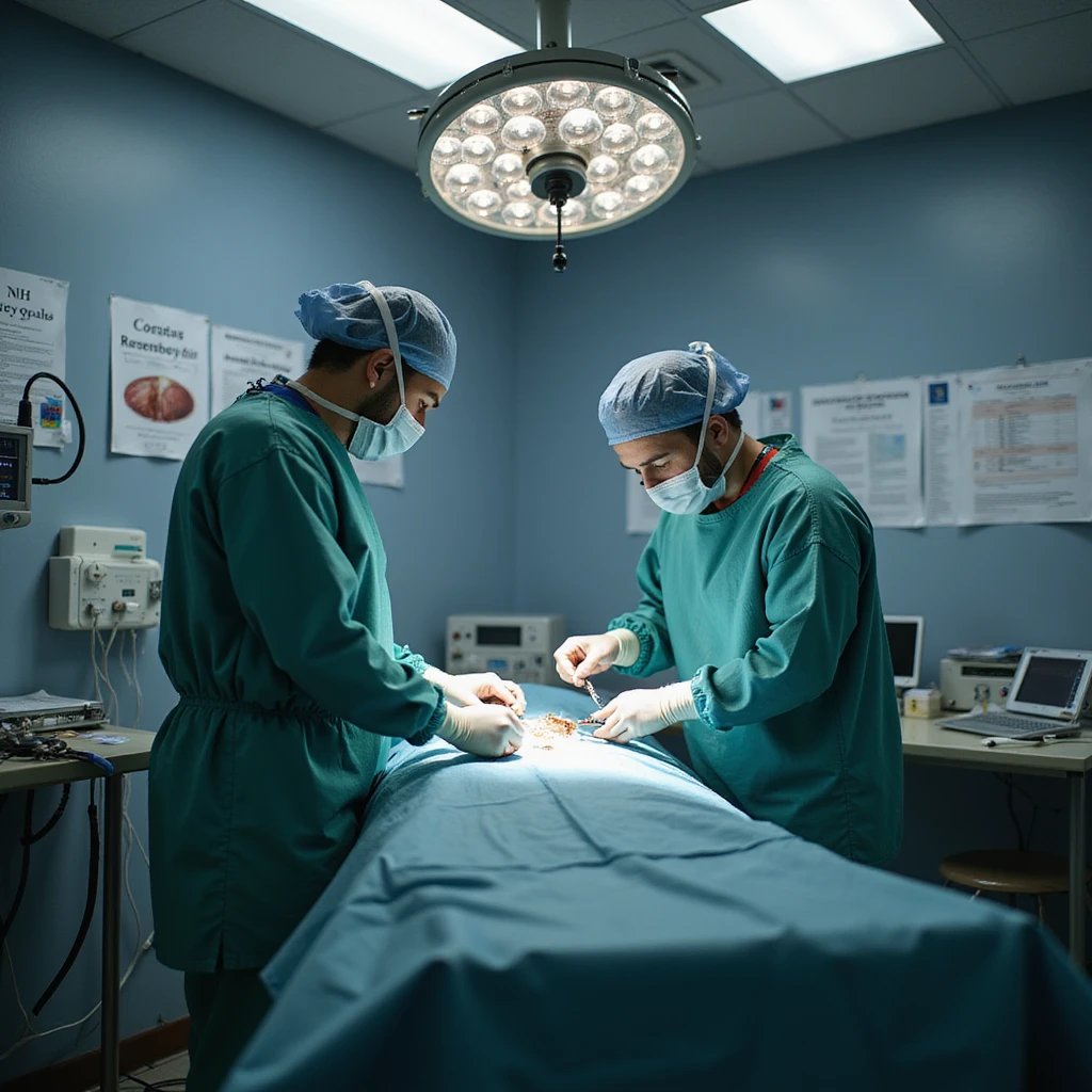 realistic or semi-realistic style, operating room scene with cardiologist inserting coronary stent, hospital billing display showing $30,000, wall with NIH research papers highlighting equal effectiveness of medical therapy, critical and metaphorical emoji