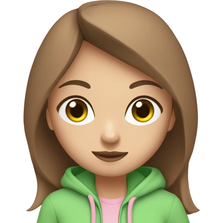 a girl with brown long hair, fair skin, green eyes, is working relaxed at a modern laptop in a monochrome pale pink zip hoodie with a hood and a pink monochrome T-shirt emoji