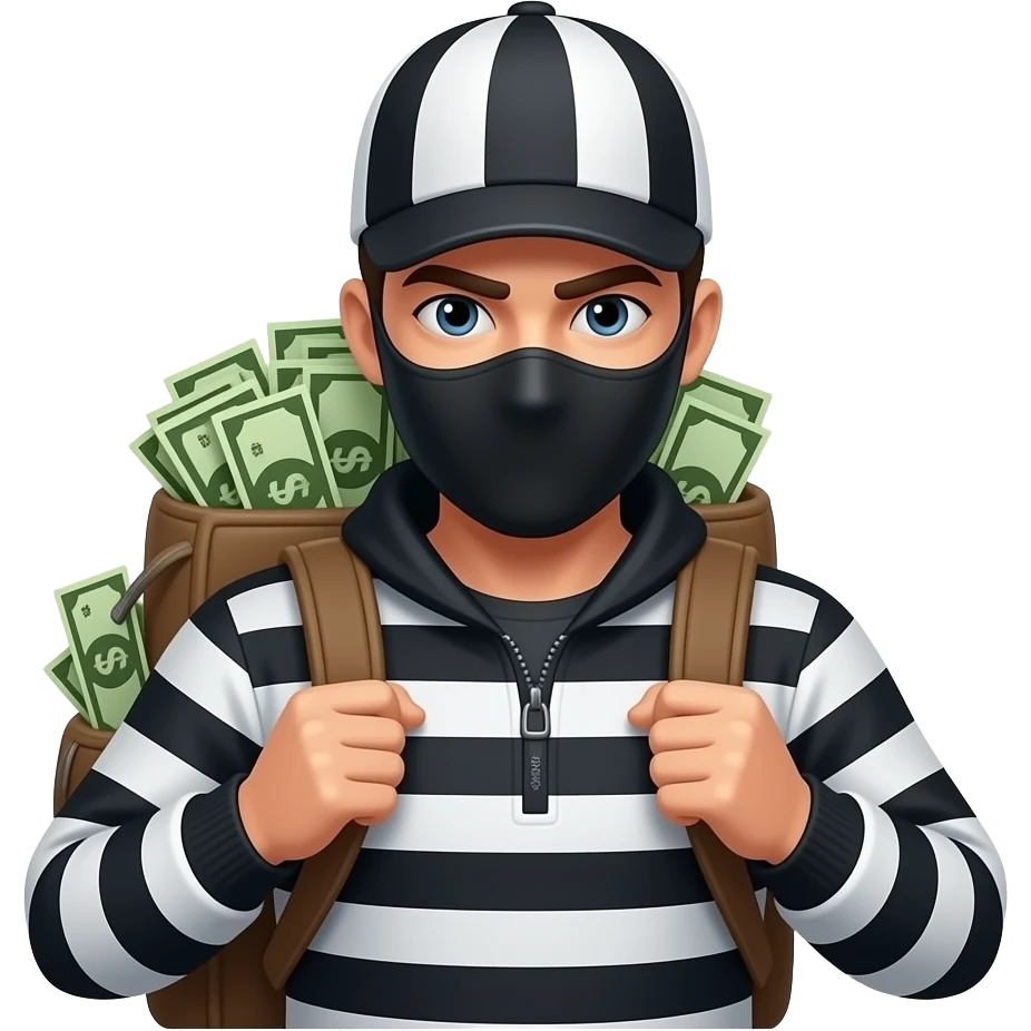 Quiero que sea un emoji como de un ladrón que tenga la vestimenta como de ladrón de negro, con blanco de rayas, y que tenga una máscara del mismo color con un gorro que sea con rayas también blancas y negras, y con un saco en la espalda que esté lleno de dinero emoji
