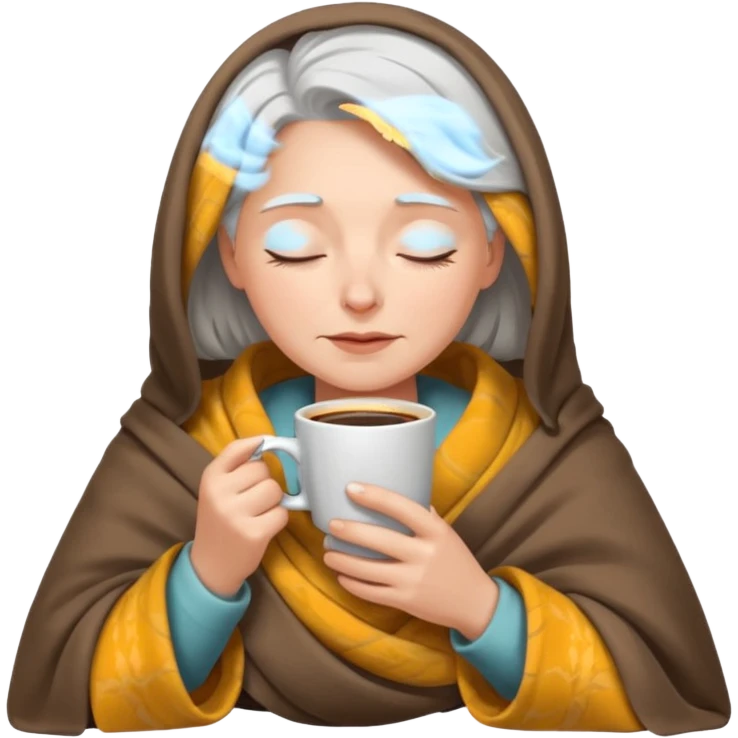 Gray-haired white girl inside a blanket sipping coffee eyes closed emoji