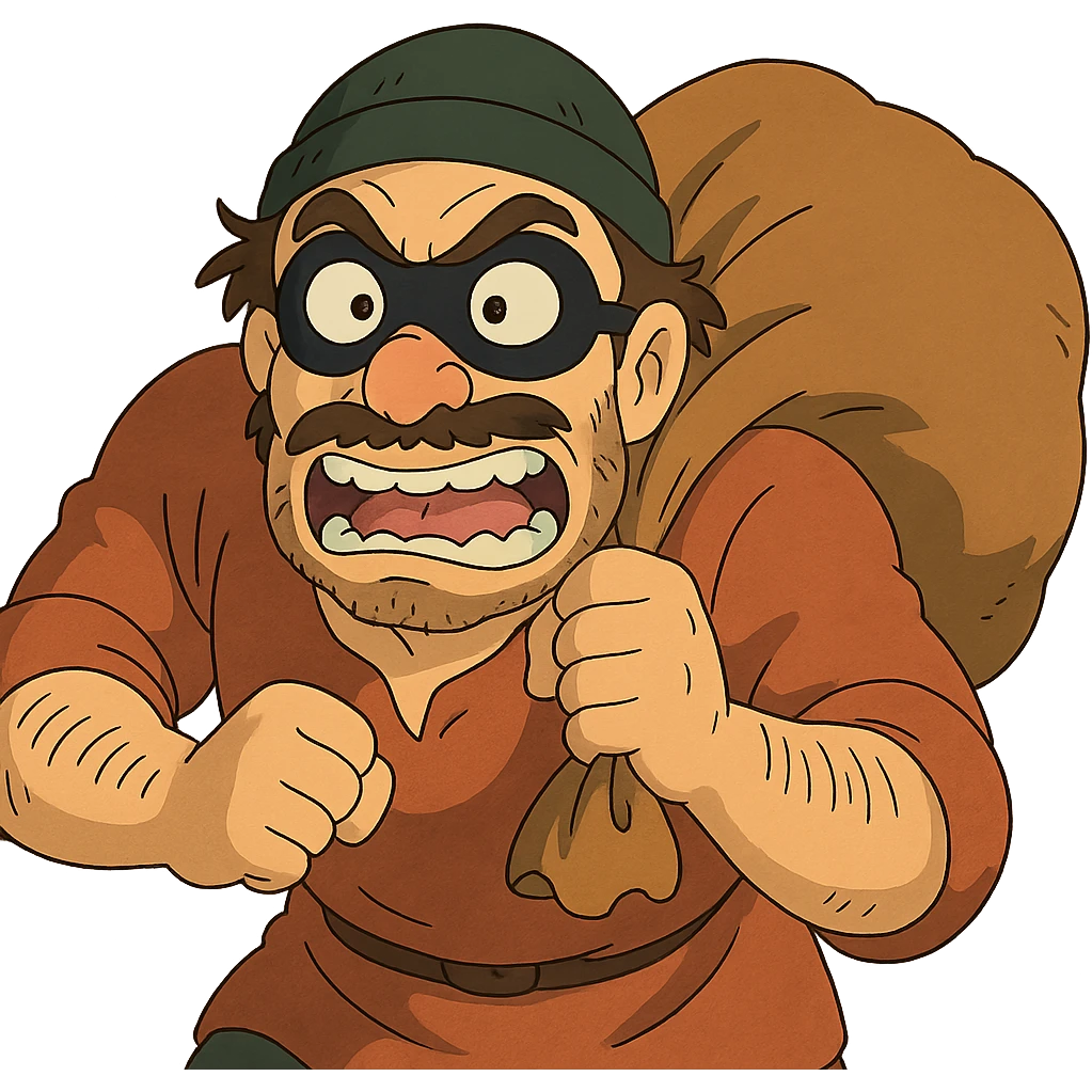 ghibli style robber with expressive face and mask emoji