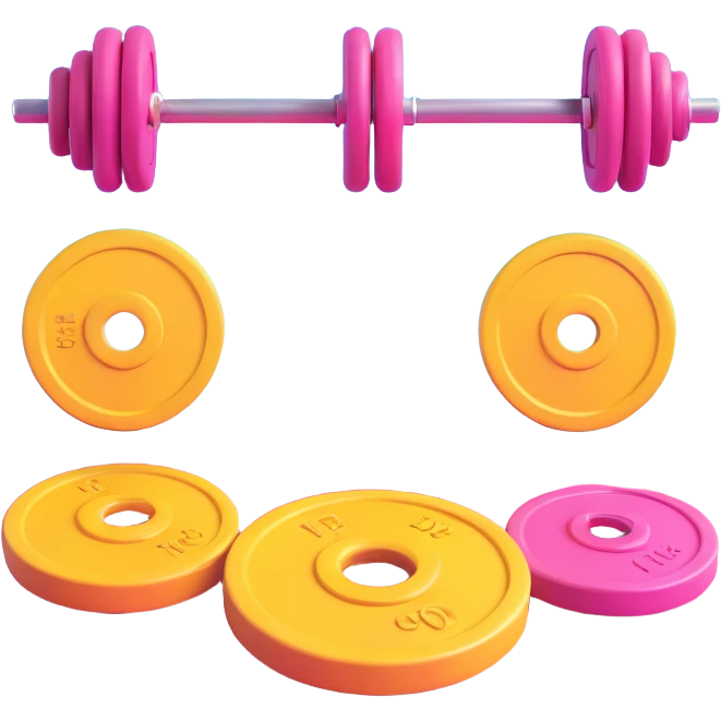 Barbell with weight plates gym equipment floating in the air, bright colors emoji